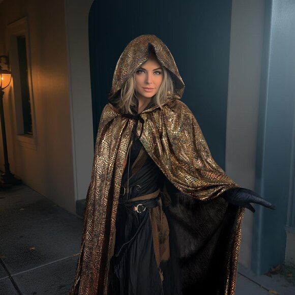 Women's Gold Witch Imported Velvet Cloak Halloween Hooded Cape Medieval Costume - Picture 2 of 6